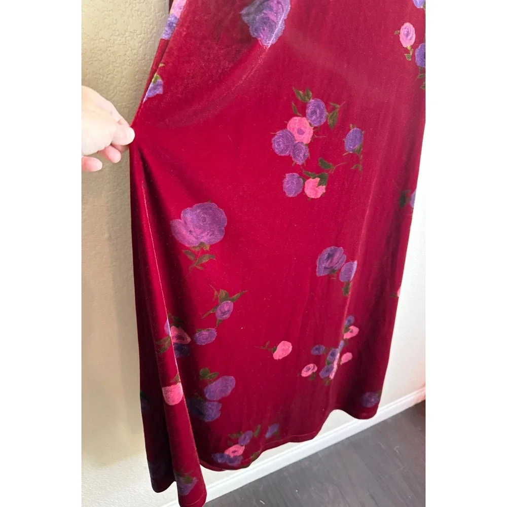 Los Angeles Gal Womens M Maxi Dress‎ Burgundy Velvet Floral 3/4 Sleeve Vintage